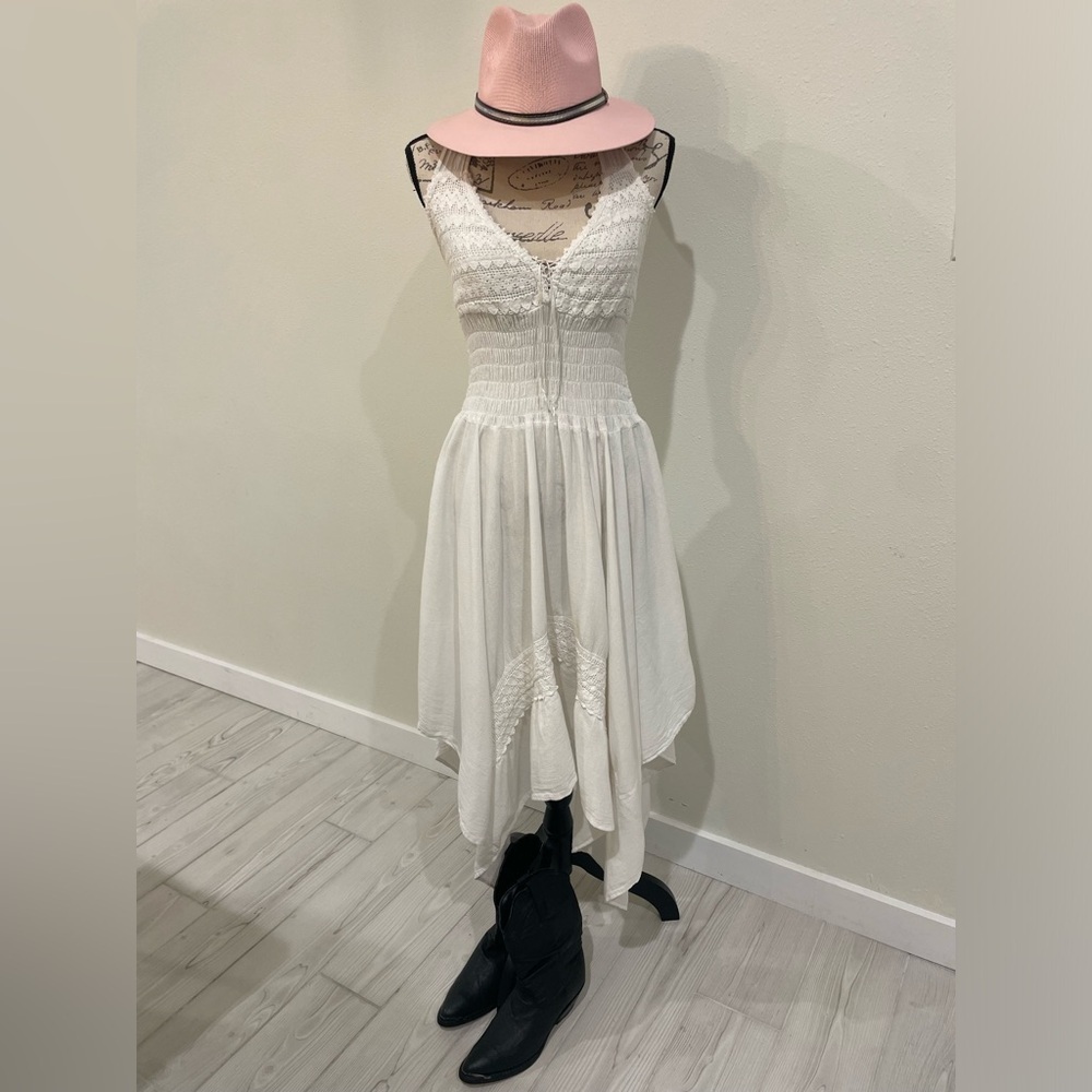 Cream Asymmetrical Ruched Sundress Scoop Neck